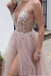 Dusty Pink A Line Tulle Prom Dress, V Neck Long Graduation Dress with Rhinestone INJ48