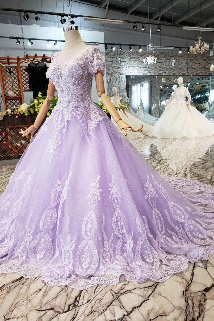Lilac Ball Gown Short Sleeves Prom Dresses with Lace, Quinceanera Dress INL41