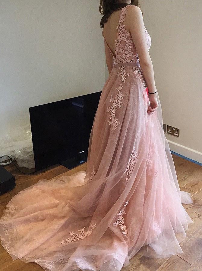 A-Line Court Train Backless Pink Tulle Prom Dress with Lace Appliques INE41