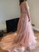 A-Line Court Train Backless Pink Tulle Prom Dress with Lace Appliques INE41