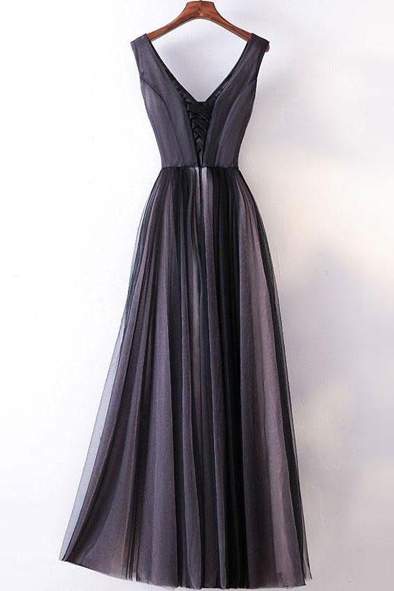 Elegant A-line V-neck Lace Appliqued Lace Up Long Prom Dresses Evening Gowns INA84