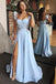 A-Line Cap Sleeves Floor-Length Light Blue Prom Dress with Appliques Split INI97
