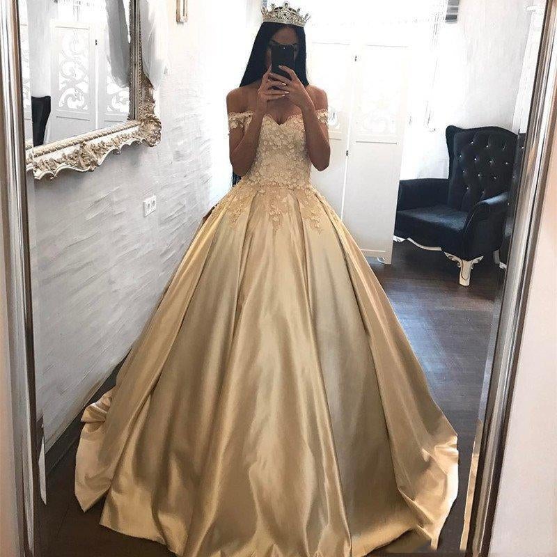 Off the Shoulder Appliques Ball Gown Cheap Prom Dresses INH95