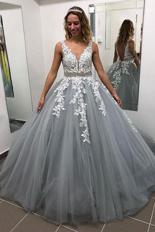 Gray V Neck Long Prom Dress for Teens, Puffy Appliqued Ball Gown with Beading INH75