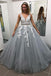 Gray V Neck Long Prom Dress for Teens, Puffy Appliqued Ball Gown with Beading INH75