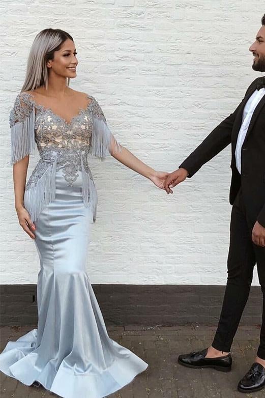 Mermaid V-Neck Short Sleeve Appliques Long Grey Prom Dress INH33