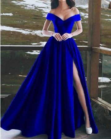 Elegant V-neck Off The Shoulder Long Satin Prom Dresses With Slit INE43