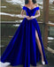 Elegant V-neck Off The Shoulder Long Satin Prom Dresses With Slit INE43