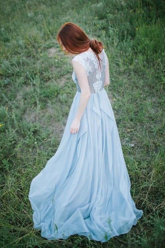 Long Light Blue Chiffon Scoop A-line Floor-length Appliques Prom Dress IN736