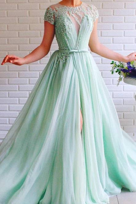 A line Mint Green Long Cheap Prom Dress Beading Tulle Evening