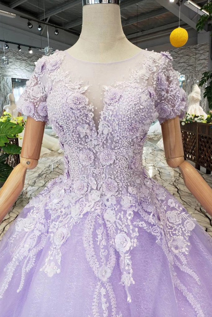 Lilac Ball Gown Short Sleeves Prom Dresses with Lace, Quinceanera Dress INL41