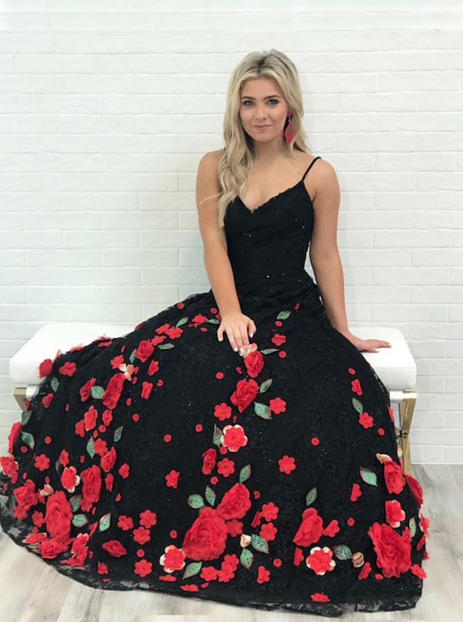 A-Line Spaghetti Straps Black Sweep Train A Line Prom Dress with Flowers INI74