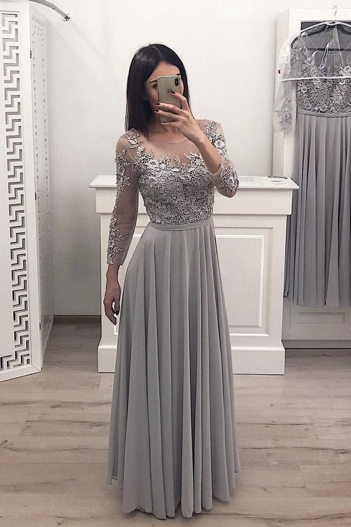 A Line Gray Chiffon Long Sleeves Prom Dresses, Cheap Appliques Evening Gown INI12