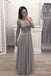 A Line Gray Chiffon Long Sleeves Prom Dresses, Cheap Appliques Evening Gown INI12