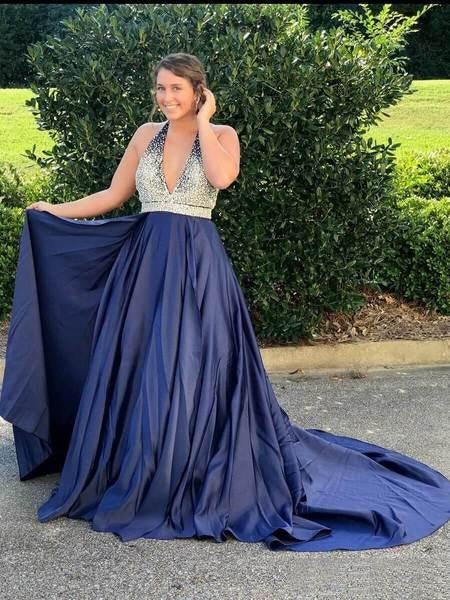 Halter Navy Blue Long Prom Dresses Beaded Backless Evening Dresses INI25