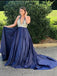 Halter Navy Blue Long Prom Dresses Beaded Backless Evening Dresses INI25