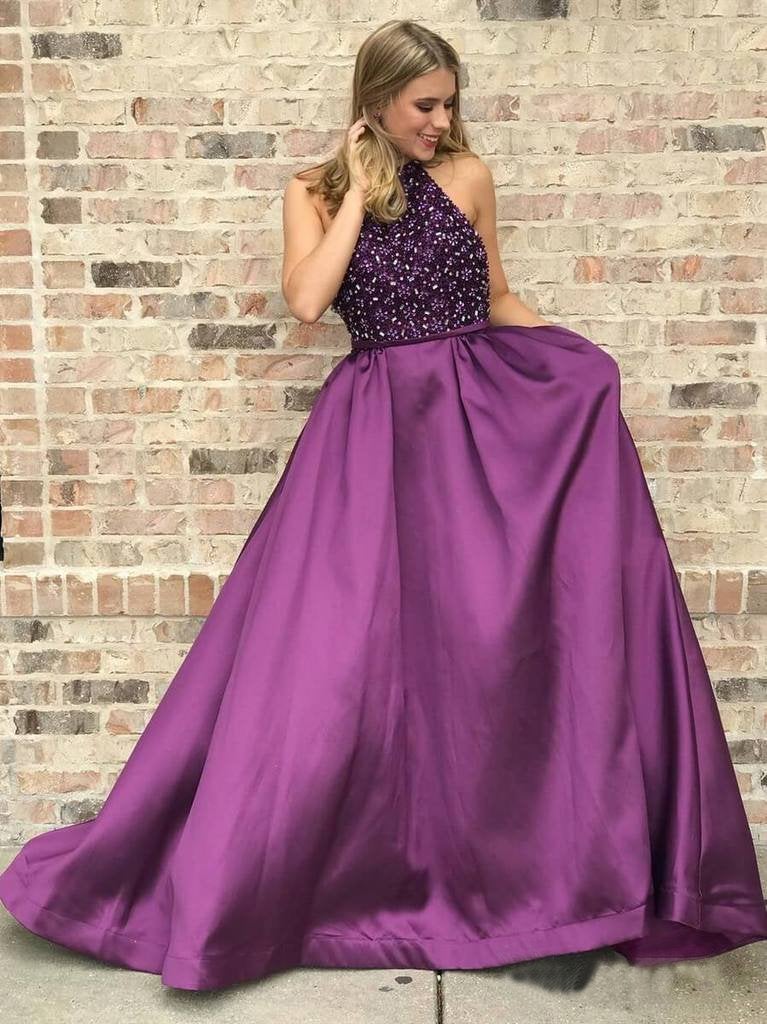 Halter Purple Long Satin Prom Dresses Beaded Junior Evening Gown 2019 INI6