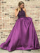 Halter Purple Long Satin Prom Dresses Beaded Junior Evening Gown 2019 INI6