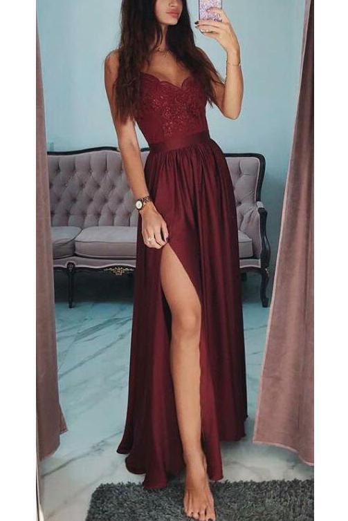 Burgundy A Line V-Neck Long Spaghetti Strap Split Prom Dresses With Lace INH74