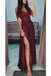 Burgundy A Line V-Neck Long Spaghetti Strap Split Prom Dresses With Lace INH74