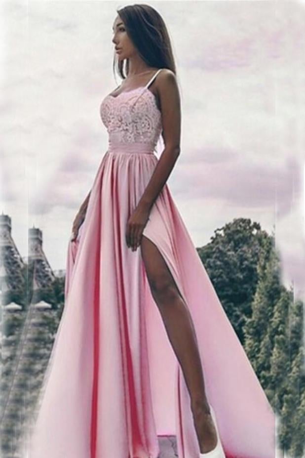 Fashion Pink Split A Line Straps Appliques Occasion Prom Dress IN742