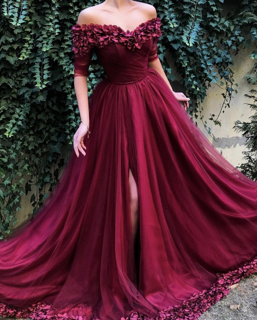 Burgundy Off the Shoulder Maroon A Line Long Tulle Pom Dresses 2019 ING91