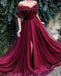 Burgundy Off the Shoulder Maroon A Line Long Tulle Pom Dresses 2019 ING91
