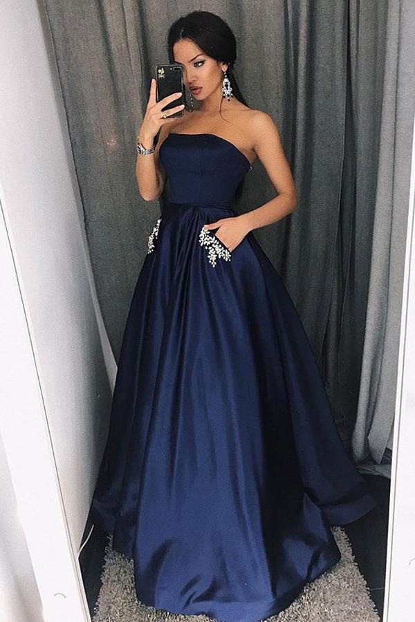 Simple A-Line Strapless Floor-Length Dark Blue Prom Dress with Pockets Beading INI98