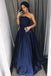 Simple A-Line Strapless Floor-Length Dark Blue Prom Dress with Pockets Beading INI98