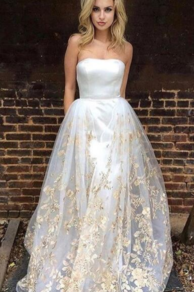 Modest White Tulle Strapless Lace A Line Prom Dress IN898