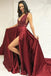 Sexy Burgundy Beaded Slit Skirt Evening Dress, Graduation School Party Gown INI86