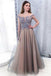 Cap Sleeves Bateau Long Tulle Beading Prom Dress with Appliques INH29