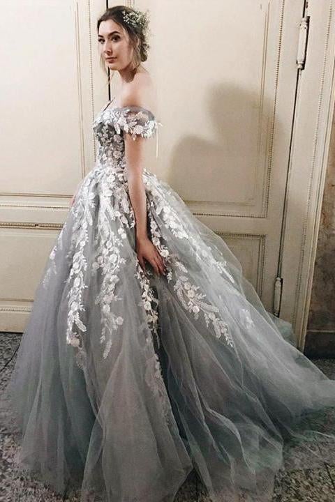 Off the Shoulder Grey Tulle Applique Charming Cheap Long Ball Gown Prom Dress INE48