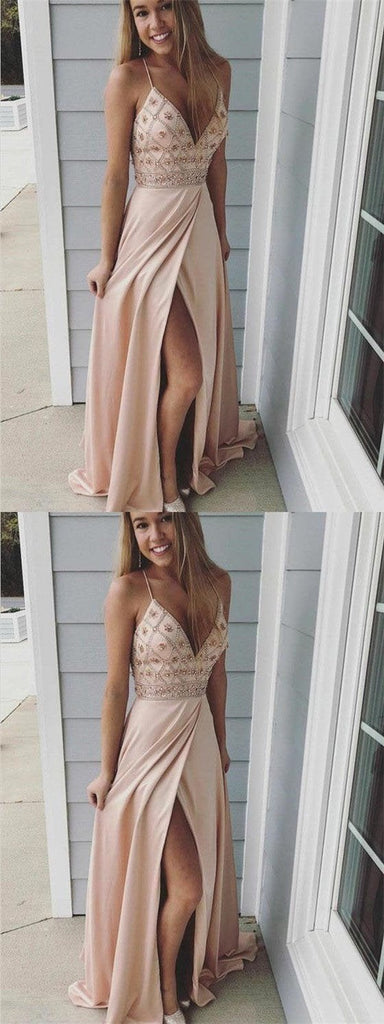 Sexy Spaghetti Straps Beaded Long A-Line Side Slit Prom Dresses INE40