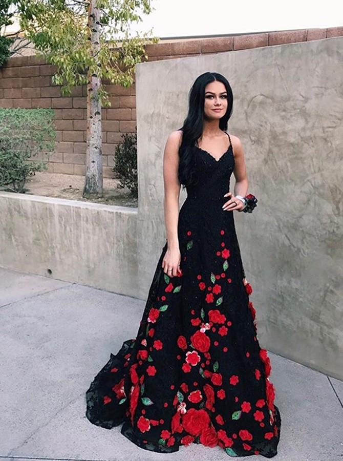 A-Line Spaghetti Straps Black Sweep Train A Line Prom Dress with Flowers INI74