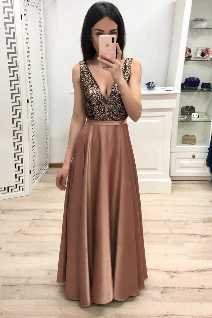 Sexy A Line Long V Neck Prom Dresses With Beads INK57