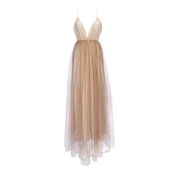 Charming A Line V Neck Spaghetti Straps Sequin Long Prom Dress INE44
