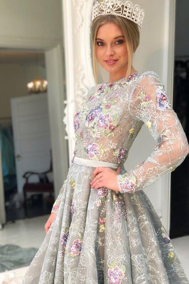 Long Sleeve Grey Lace A Line Long Evening Prom Dress for Teens ING90