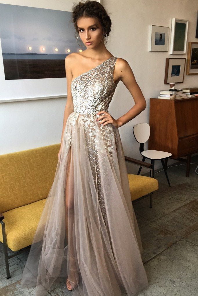 One Shoulder Tulle A Line Shinning Side Split Elegant Long Prom Dresses INA81