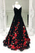 A-Line Spaghetti Straps Black Sweep Train A Line Prom Dress with Flowers INI74
