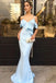Mermaid Spaghetti Straps Light Blue Satin Long Prom Dress with Ruffles INF6