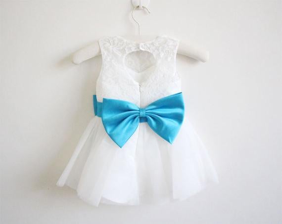Light Ivory Blue Ribbon Lace Tulle Flower Girl Dress With Blue Sash/Bows IN209