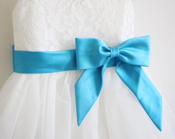 Light Ivory Blue Ribbon Lace Tulle Flower Girl Dress With Blue Sash/Bows IN209