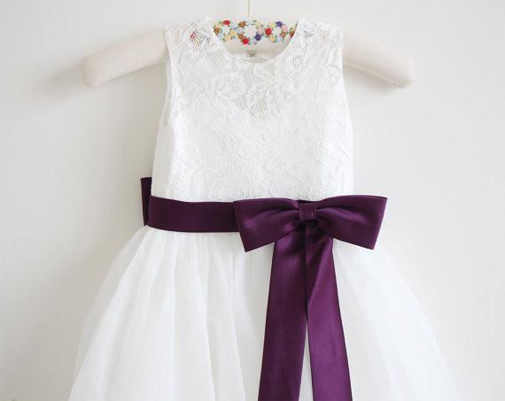 Light Ivory Lace Tulle Sleeveless Floor-length Flower Girl Dress With Eggplant Sash/Bows  IN213