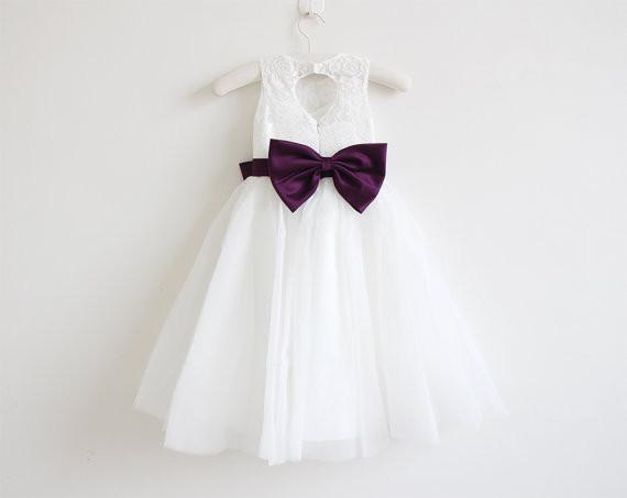 Light Ivory Lace Tulle Sleeveless Floor-length Flower Girl Dress With Eggplant Sash/Bows  IN213