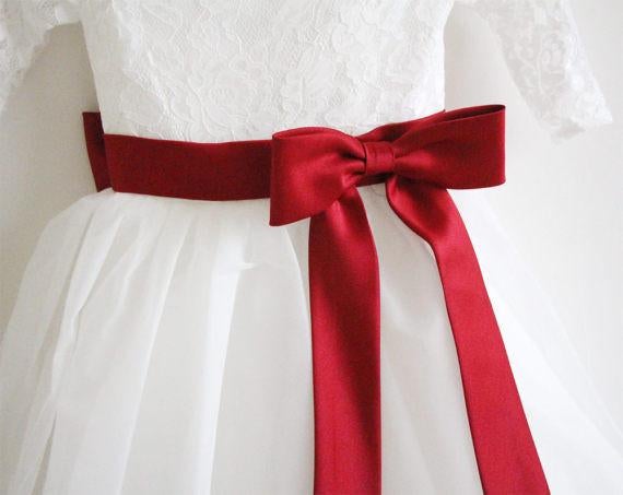 Long Sleeves Ivory Burgundy Sash Bows Lace Tulle Flower Girl Dress IN211