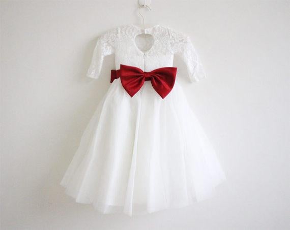 Long Sleeves Ivory Burgundy Sash Bows Lace Tulle Flower Girl Dress IN211