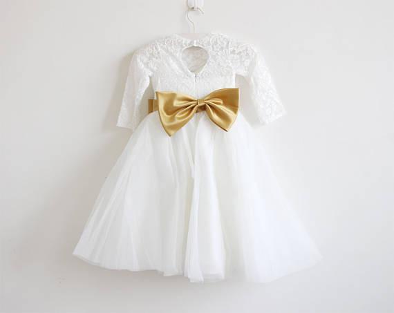 Long Sleeves Light Ivory Lace Tulle Flower Girl Dress With Silver Sash IN206