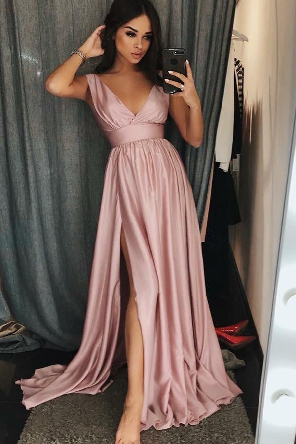 Cheap A-Line V-Neck Sweep Train Pink Prom Dress with Pleats Split INI92