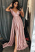 Cheap A-Line V-Neck Sweep Train Pink Prom Dress with Pleats Split INI92